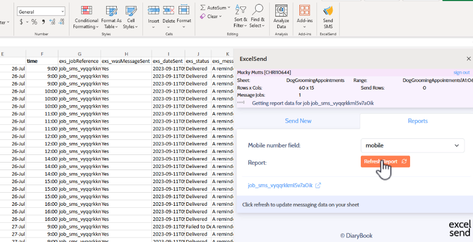 The booking sheet with delivery status and replies filled in
