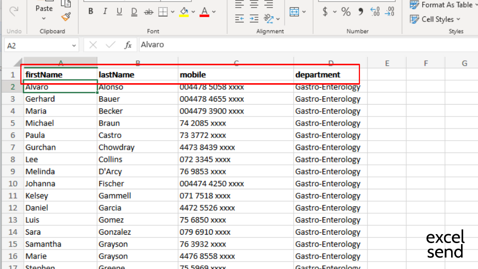 A waiting list with first name, last name, mobile and department columns