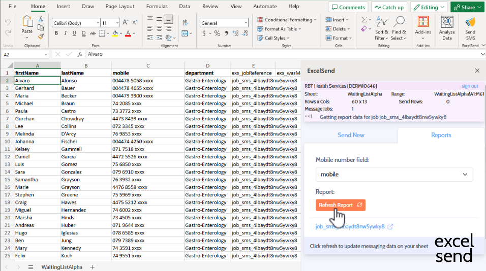 A waiting list spreadsheet with ExcelSend report columns showing sent dates, delivery status and patients' replies